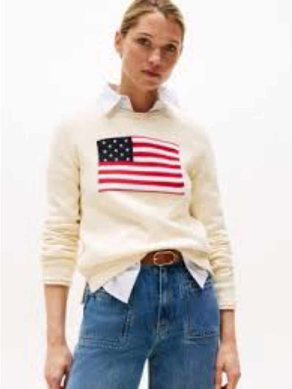 Tommy Hilfiger Cream Crewneck with American Flag Graphic
